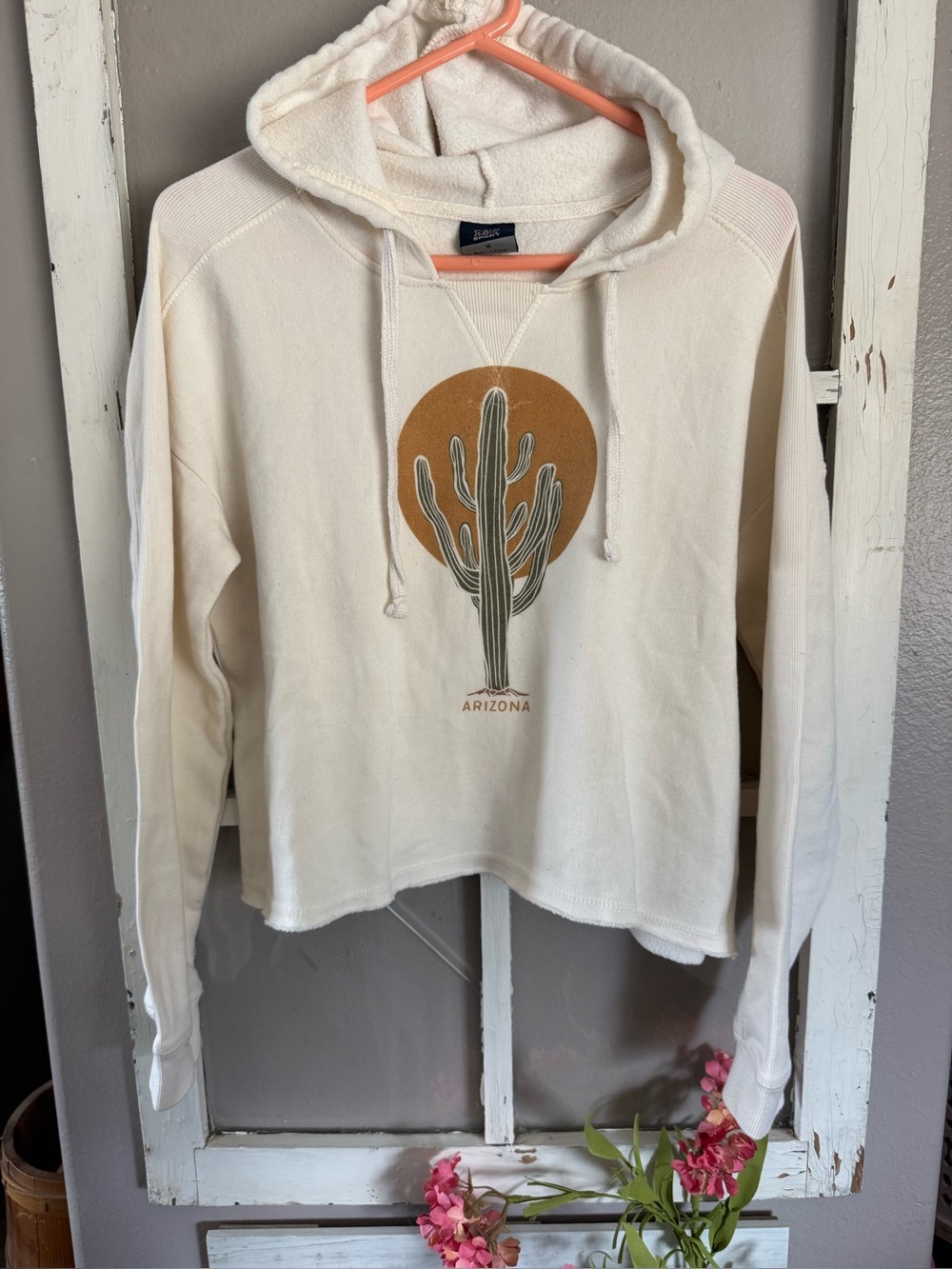 MV Sport Cream cropped Hoodie with Arizona sun and cactus print on the front.